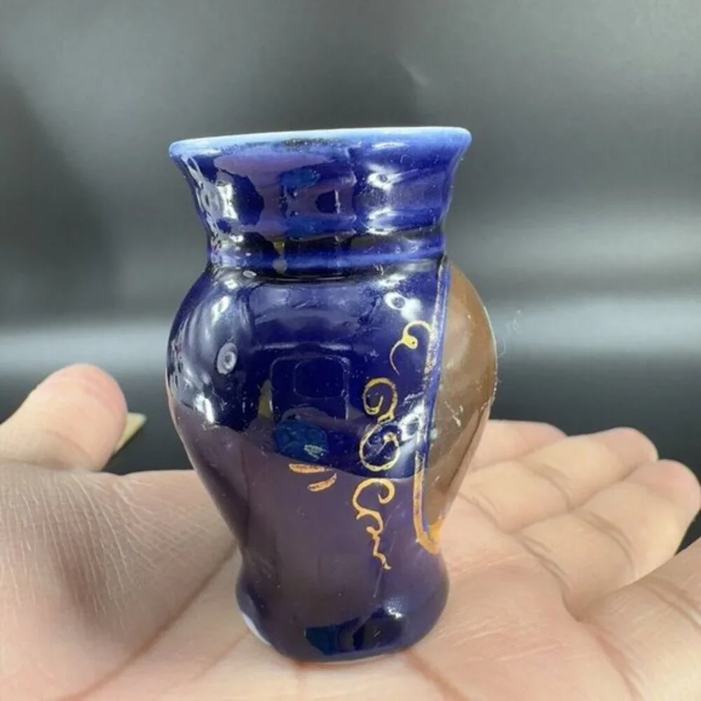 Antique Hand Painted Portrait Porcelain Small Miniature Vase‎ Cobalt Blue VTG